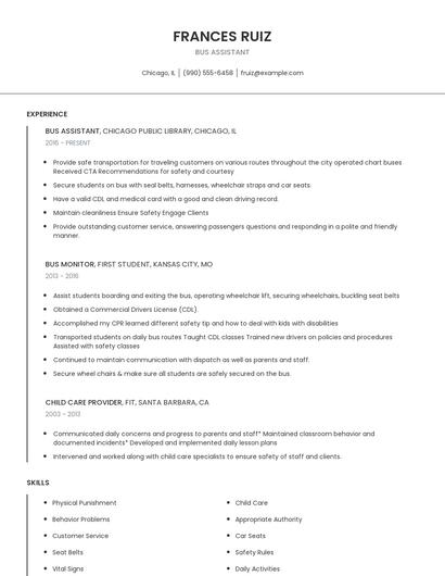 Bus Assistant Resume