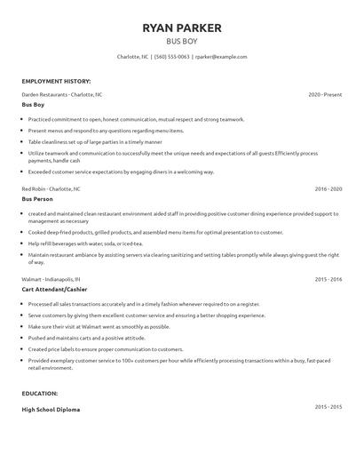 Bus Boy Resume