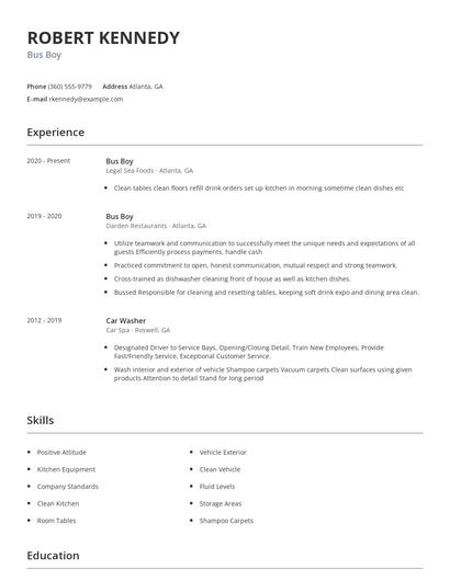 Bus Boy Resume