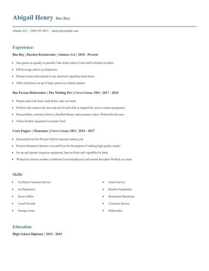 Bus Boy Resume