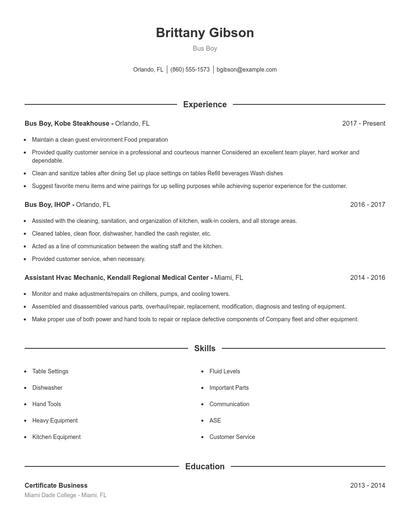 Bus Boy Resume