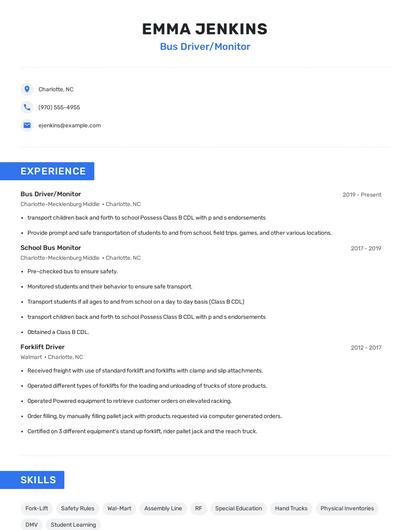 Bus Driver/Monitor Resume