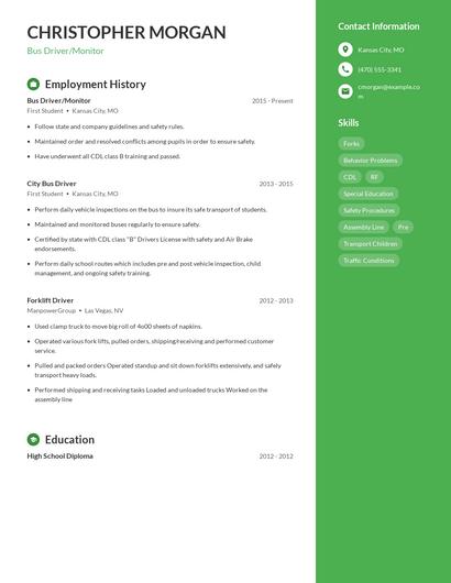 Bus Driver/Monitor Resume