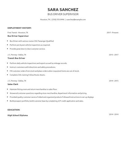 Bus Driver Supervisor Resume