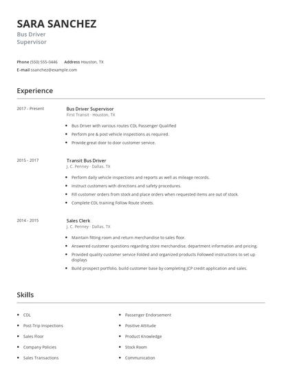 Bus Driver Supervisor Resume