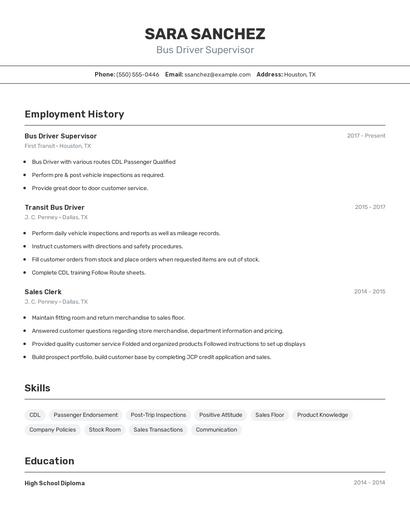 Bus Driver Supervisor Resume