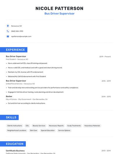 Bus Driver Supervisor Resume