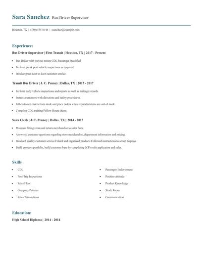 Bus Driver Supervisor Resume