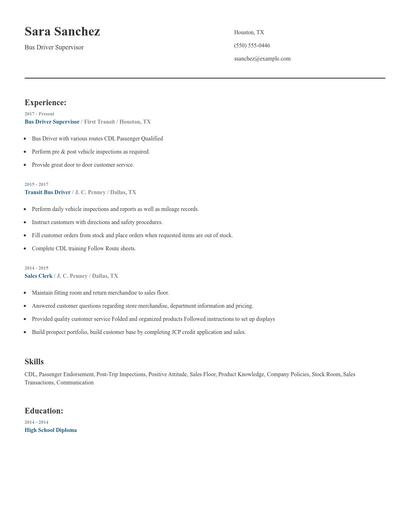 Bus Driver Supervisor Resume
