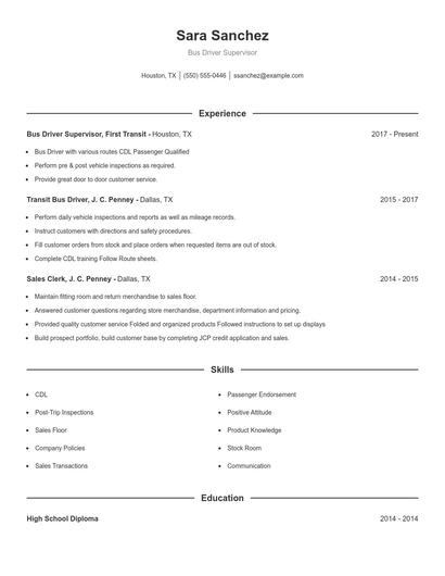 Bus Driver Supervisor Resume