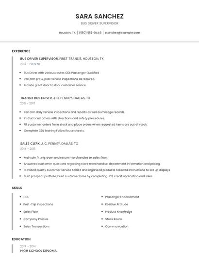 Bus Driver Supervisor Resume