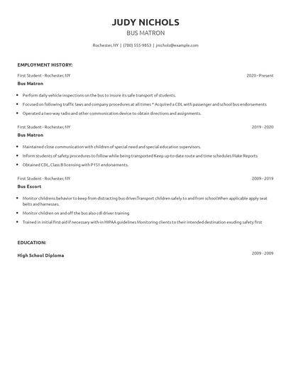 Bus Matron Resume