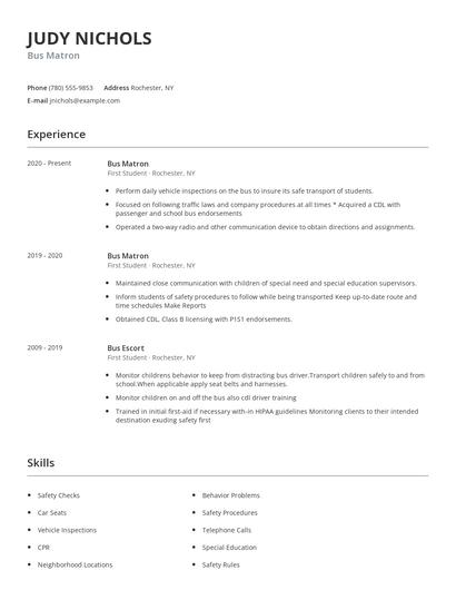 Bus Matron Resume