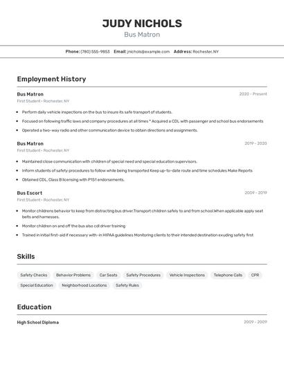 Bus Matron Resume