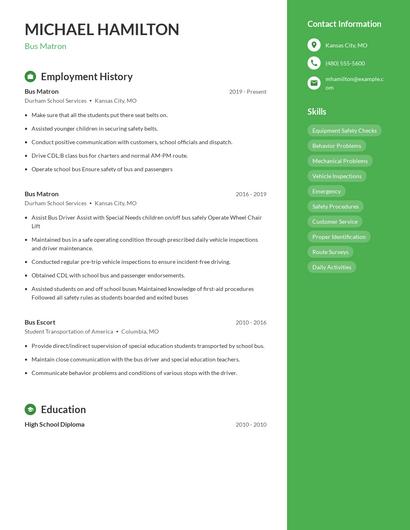 Bus Matron Resume