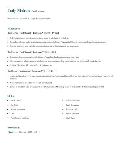 Bus Matron Resume