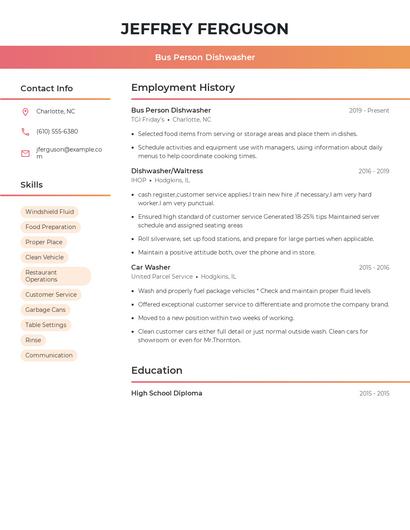 Bus Person Dishwasher Resume