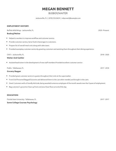 Busboy/Waiter Resume