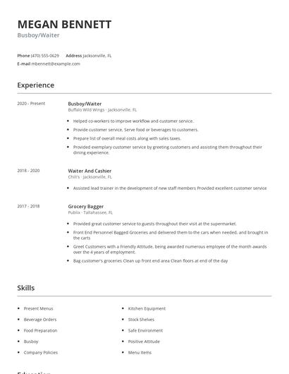Busboy/Waiter Resume