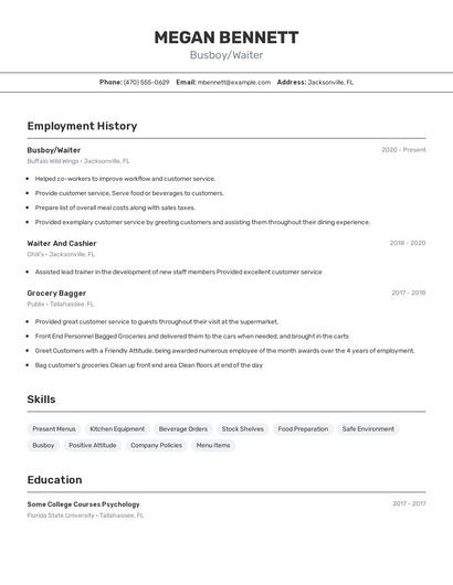 Busboy/Waiter Resume