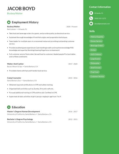 Busboy/Waiter Resume