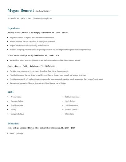 Busboy/Waiter Resume