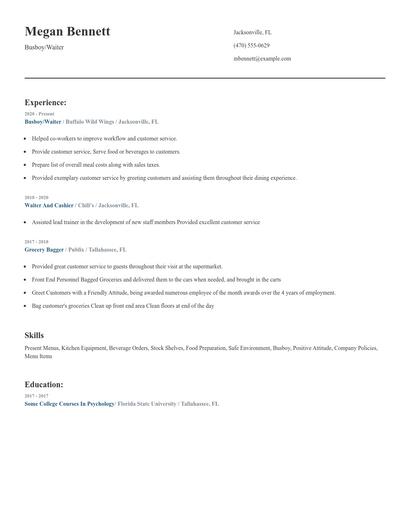 Busboy/Waiter Resume