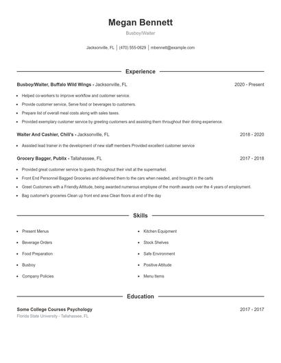 Busboy/Waiter Resume
