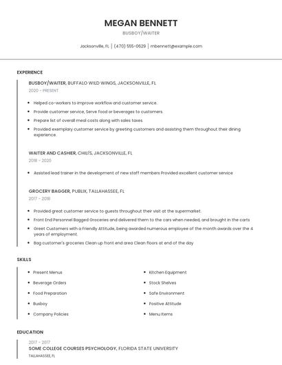 Busboy/Waiter Resume