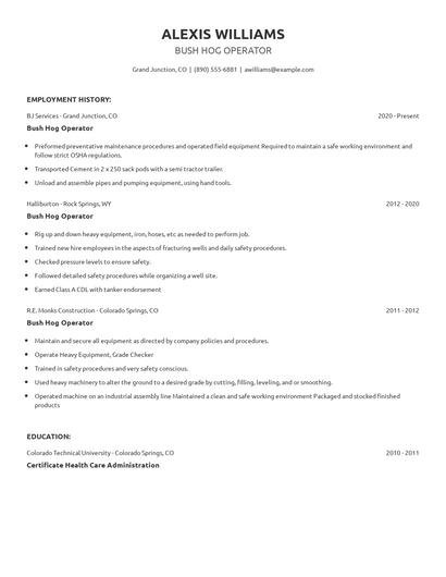Bush Hog Operator Resume