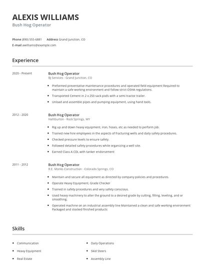 Bush Hog Operator Resume