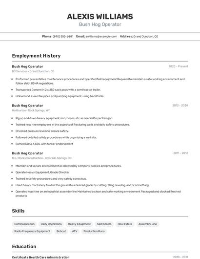 Bush Hog Operator Resume