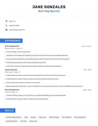 Bush Hog Operator Resume