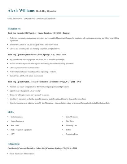 Bush Hog Operator Resume