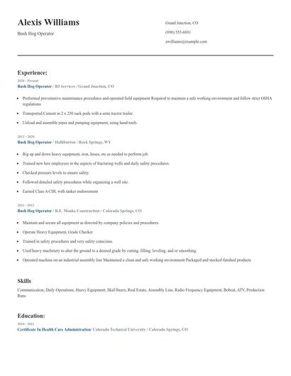 Bush Hog Operator Resume
