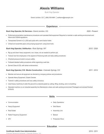 Bush Hog Operator Resume