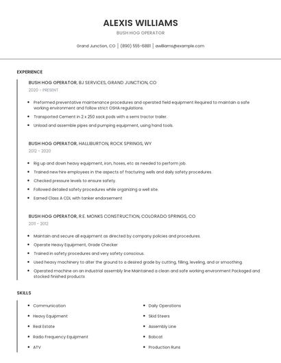 Bush Hog Operator Resume