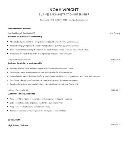 Business Administration Internship Resume
