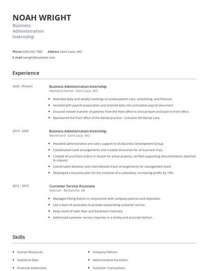 Business Administration Internship Resume