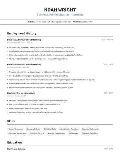 Business Administration Internship Resume