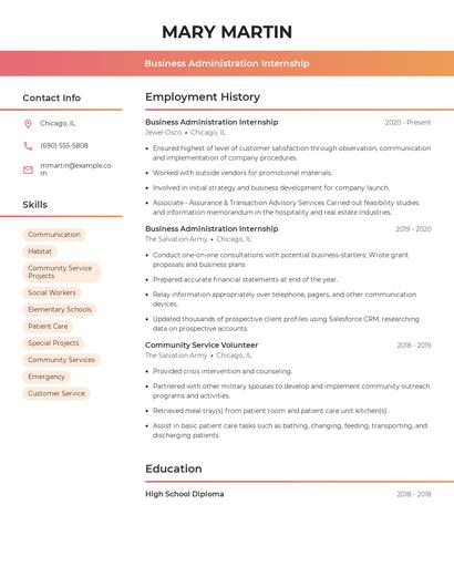 Business Administration Internship Resume