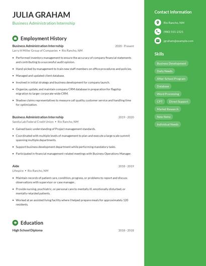 Business Administration Internship Resume