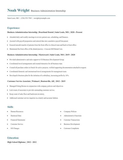 Business Administration Internship Resume