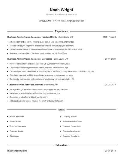 Business Administration Internship Resume
