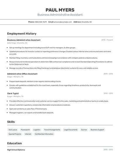 Business Administrative Assistant Resume
