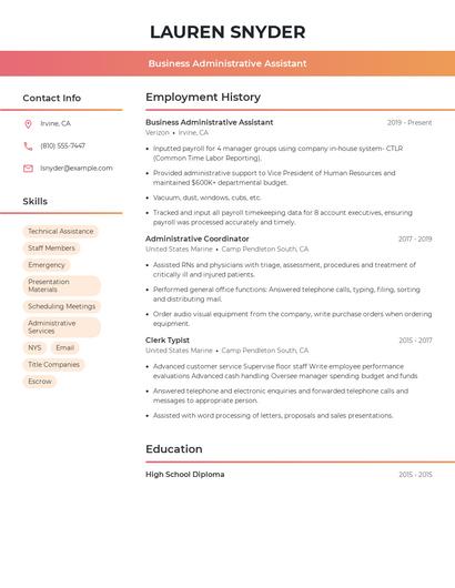 Business Administrative Assistant Resume
