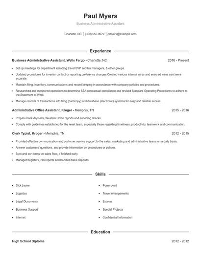 Business Administrative Assistant Resume
