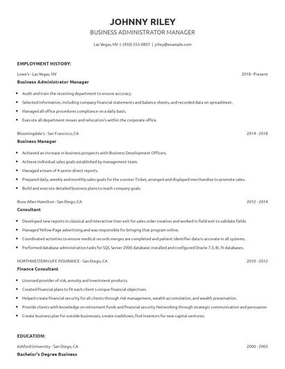 Business Administrator Manager Resume