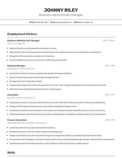 Business Administrator Manager Resume