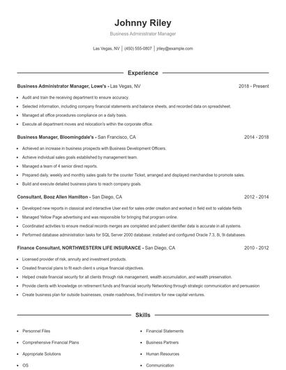 Business Administrator Manager Resume